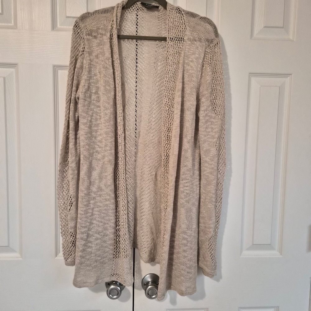 Belle by Belldini Beige Open Front Pointelle Knit Cardigan Large Grandmacore